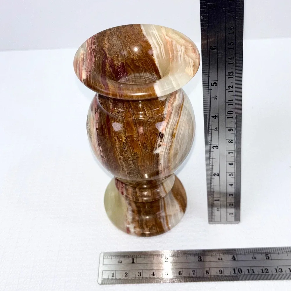 Vintage Onyx Marble Bud Vase Brown Cream Banded Polished Stone Urn 6 Inch